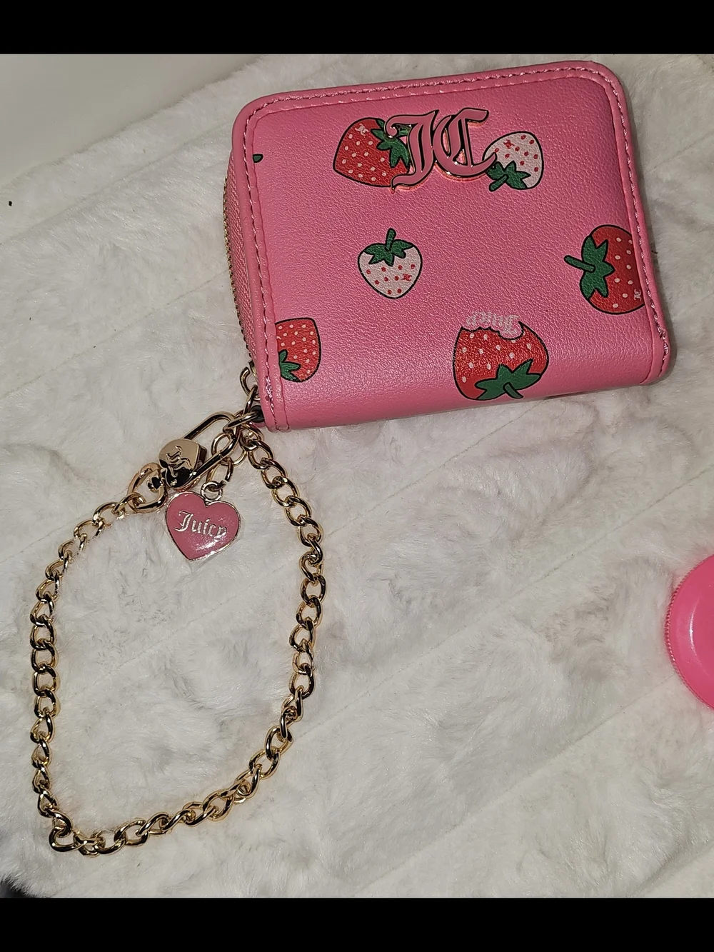Juicy Couture Strawberry Card Holder & Zip Around with Gold Chain & Heart Charm